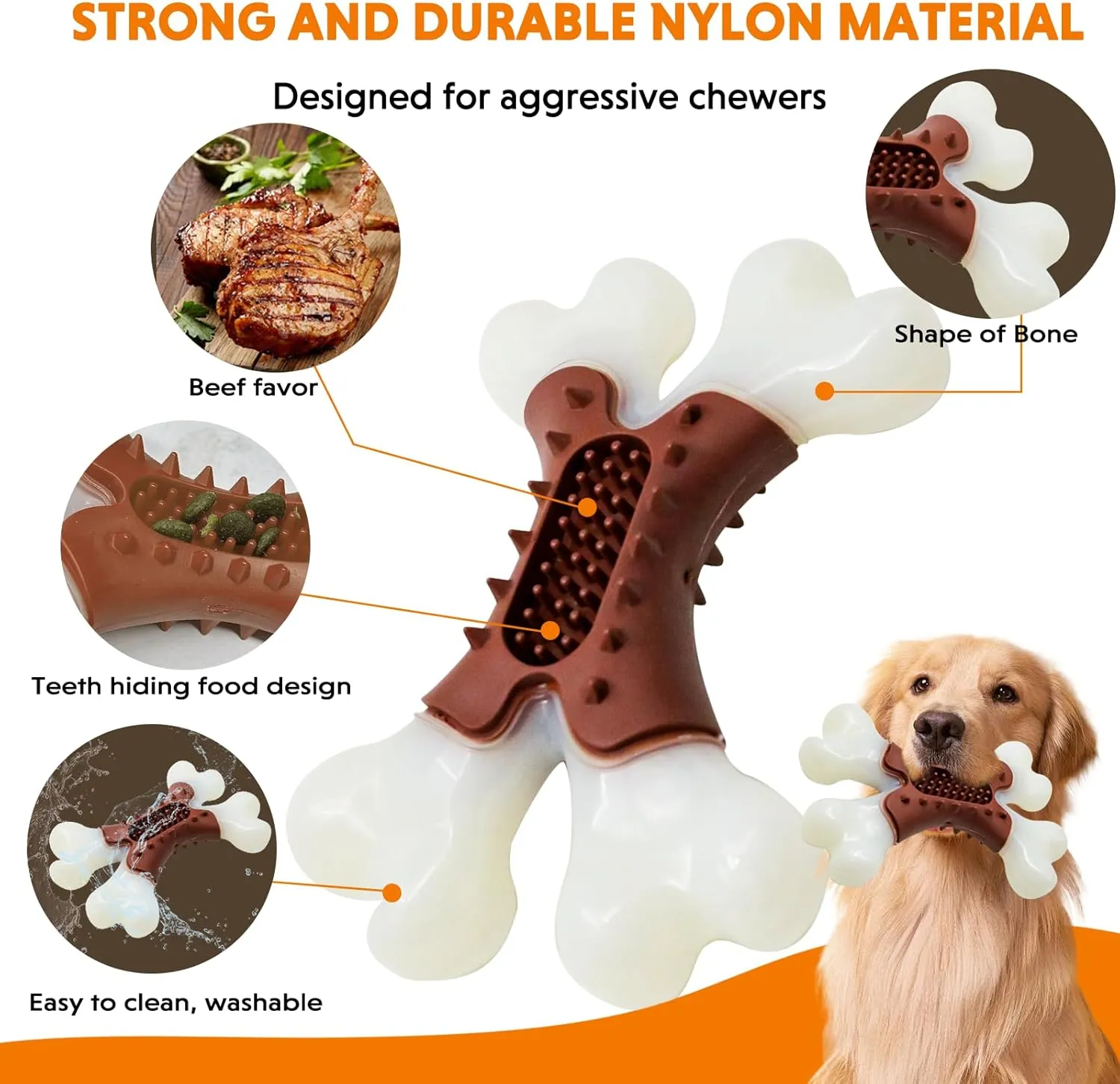 LaRoo Dog Chew Toys for Aggressive Chewers,Indestructible Nylon Bones Toy for Medium and Large Breed to Keep Them Busy,Dental Care Teething Relief,Meat Flavor (Brown)