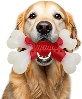 LaRoo Dog Toys for Aggressive Chewers Large Breed, Puppy Teething Chew Toys Medium Dogs,Heavy Duty Indestructible Bones, Peanut Butter Slot for Snacks, Meat Flavor & Dental Care (Red)