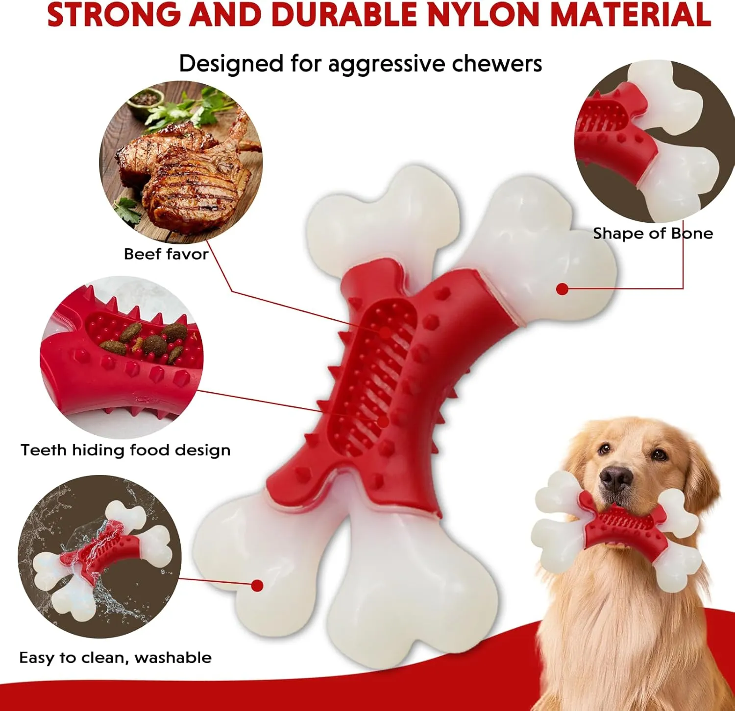 LaRoo Dog Toys for Aggressive Chewers Large Breed, Puppy Teething Chew Toys Medium Dogs,Heavy Duty Indestructible Bones, Peanut Butter Slot for Snacks, Meat Flavor & Dental Care (Red)