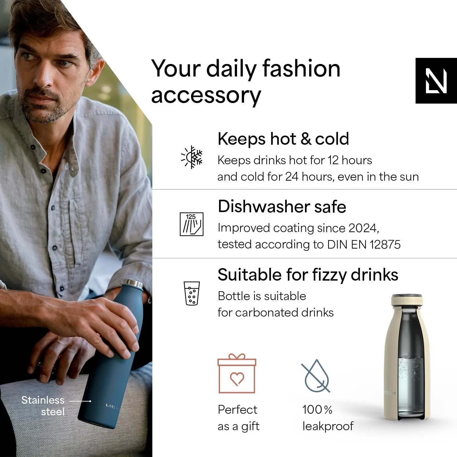 LARS NYSM Stainless Steel Insulated Water Bottle 12oz 17oz 25oz 34oz 51oz | Insulated Thermo Flask for Hot and Cold Beverages | Leakproof Drinking Bottle (Almond Beige, 11.9oz)