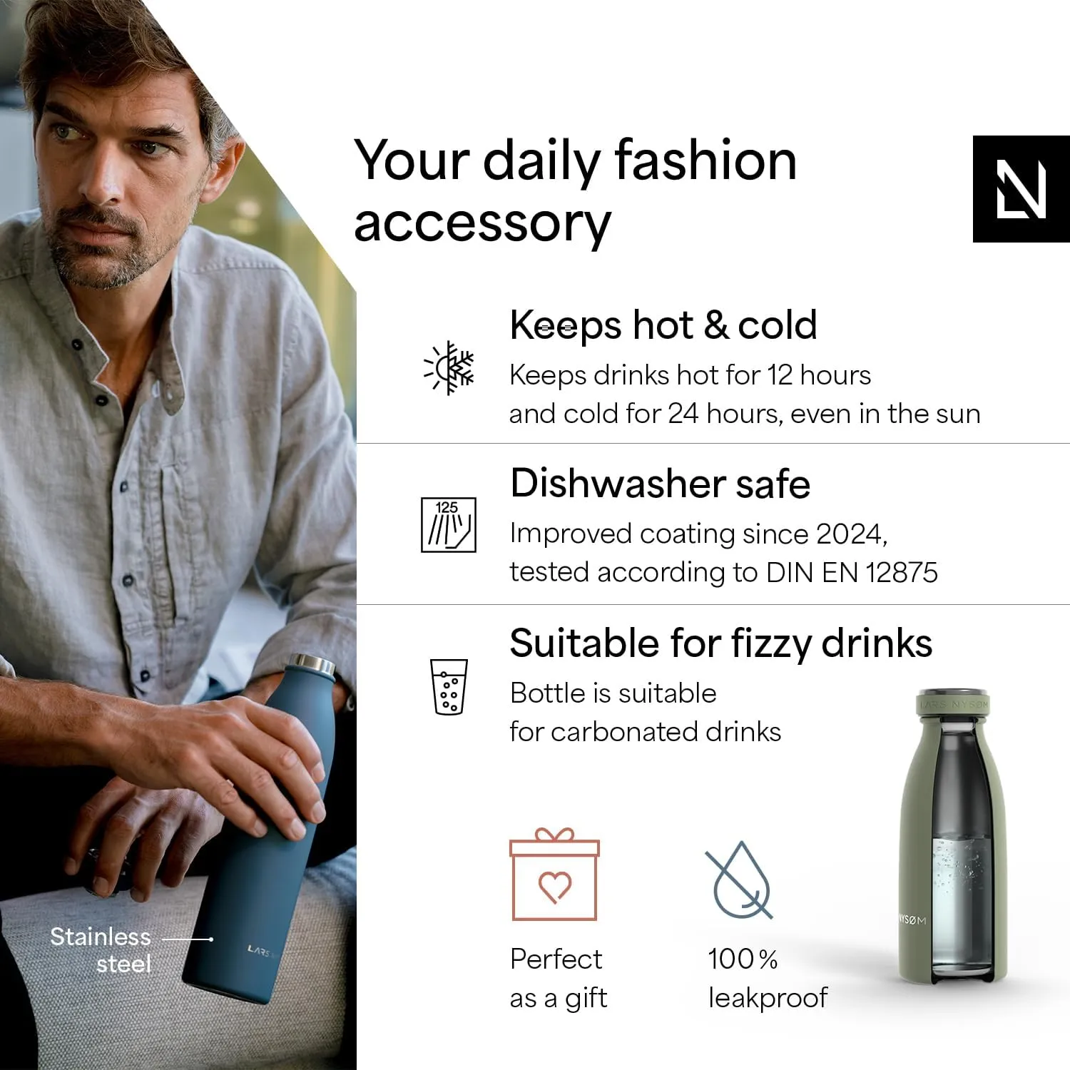 LARS NYSM Stainless Steel Insulated Water Bottle 12oz 17oz 25oz 34oz 51oz | Insulated Thermo Flask for Hot and Cold Beverages | Leakproof Drinking Bottle (Sage Green, 11.9oz)