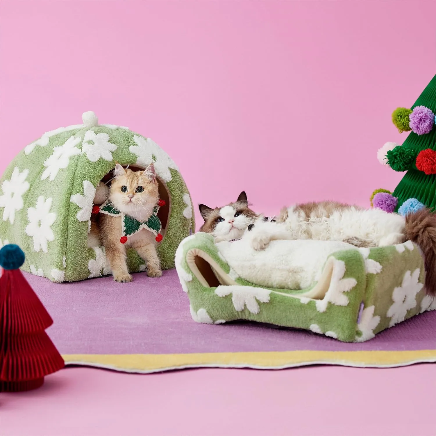 Lesure Cute Cat Beds for Indoor Cats - 2 in 1 Cat Cave Bed for Kittens and Small Pets with Removable Washable Cushioned Pillow, Cozy Ktten Tent with Non-Slip Bottom, Green, 16 inches