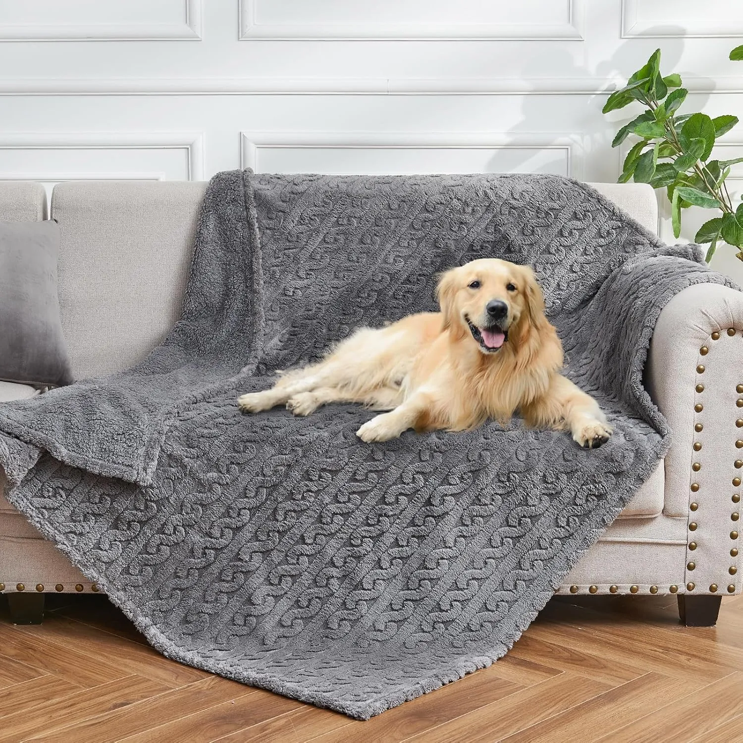 lifein Waterproof Dog Blankets for Dogs - Calming Cat Blanket for Couch Protector Washable, Long Faux Fur Pet Throw Blanket for Large/Small Dogs/Puppy,Furniture Protection (Grey, 85 * 57inches)