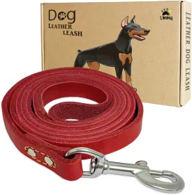 LWBMG Leather Dog Leash 6 ft, Dog Leashes for Large Dogs Heavy Duty Dog Leash Soft Handmade Leather Training Leash for Small Medium Large Dogs Walking, Training, Hiking, and Running Red
