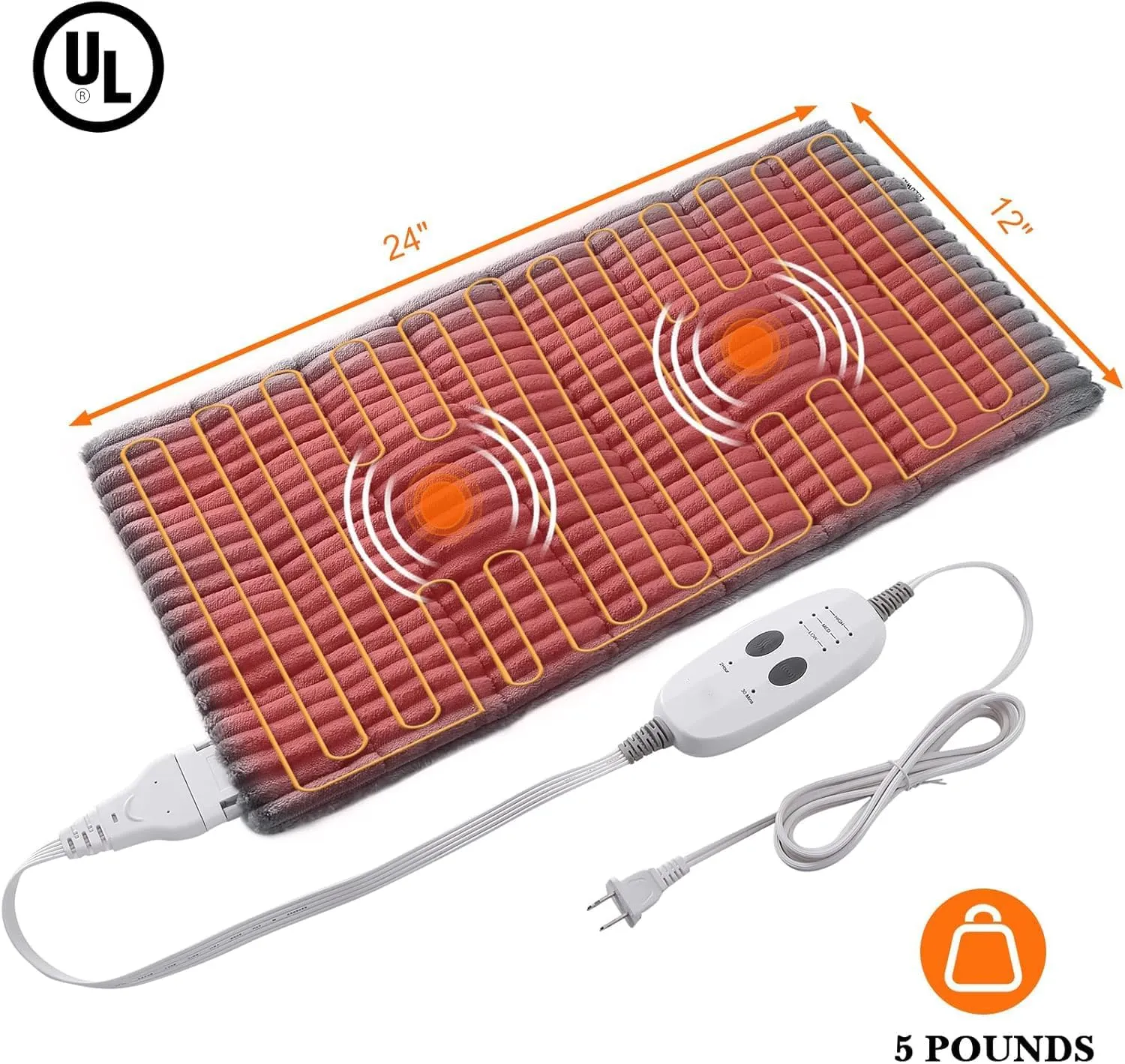 Massaging Weighted Heating Pads for Back Pain Relief and Cramps, 24''*12'' Ribs Fannel Electric Heating Pad with Massage Vibrations, 6 Settings- 3 Heat, 3 Massage- 9 Relaxing Combinations