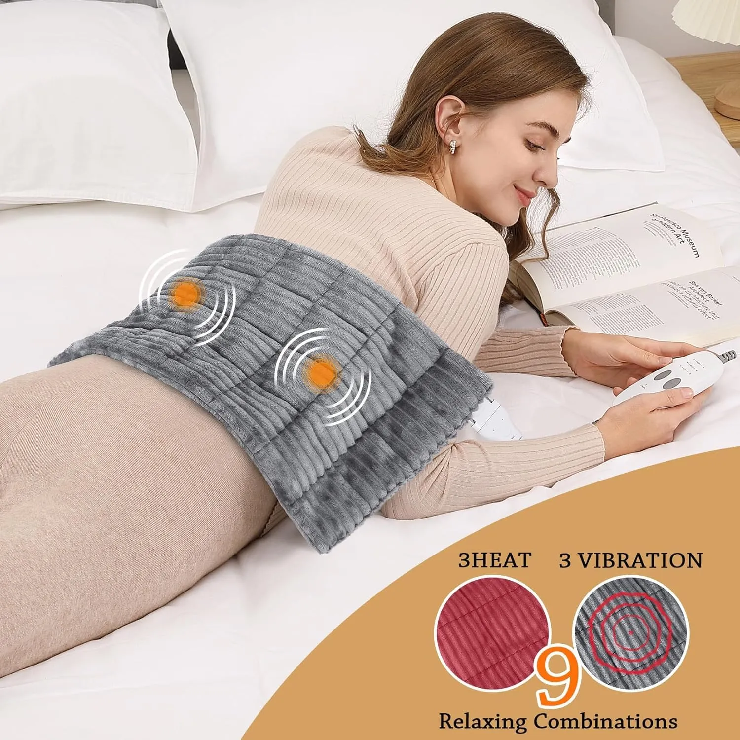 Massaging Weighted Heating Pads for Back Pain Relief and Cramps, 24''*12'' Ribs Fannel Electric Heating Pad with Massage Vibrations, 6 Settings- 3 Heat, 3 Massage- 9 Relaxing Combinations