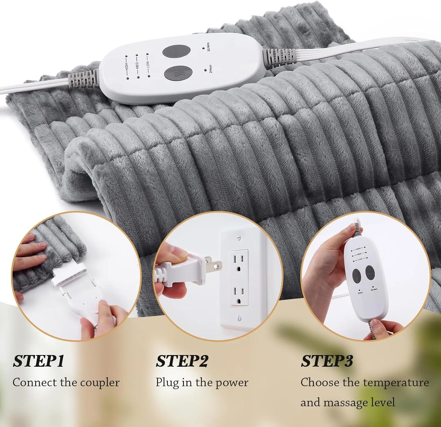 Massaging Weighted Heating Pads for Back Pain Relief and Cramps, 24''*12'' Ribs Fannel Electric Heating Pad with Massage Vibrations, 6 Settings- 3 Heat, 3 Massage- 9 Relaxing Combinations