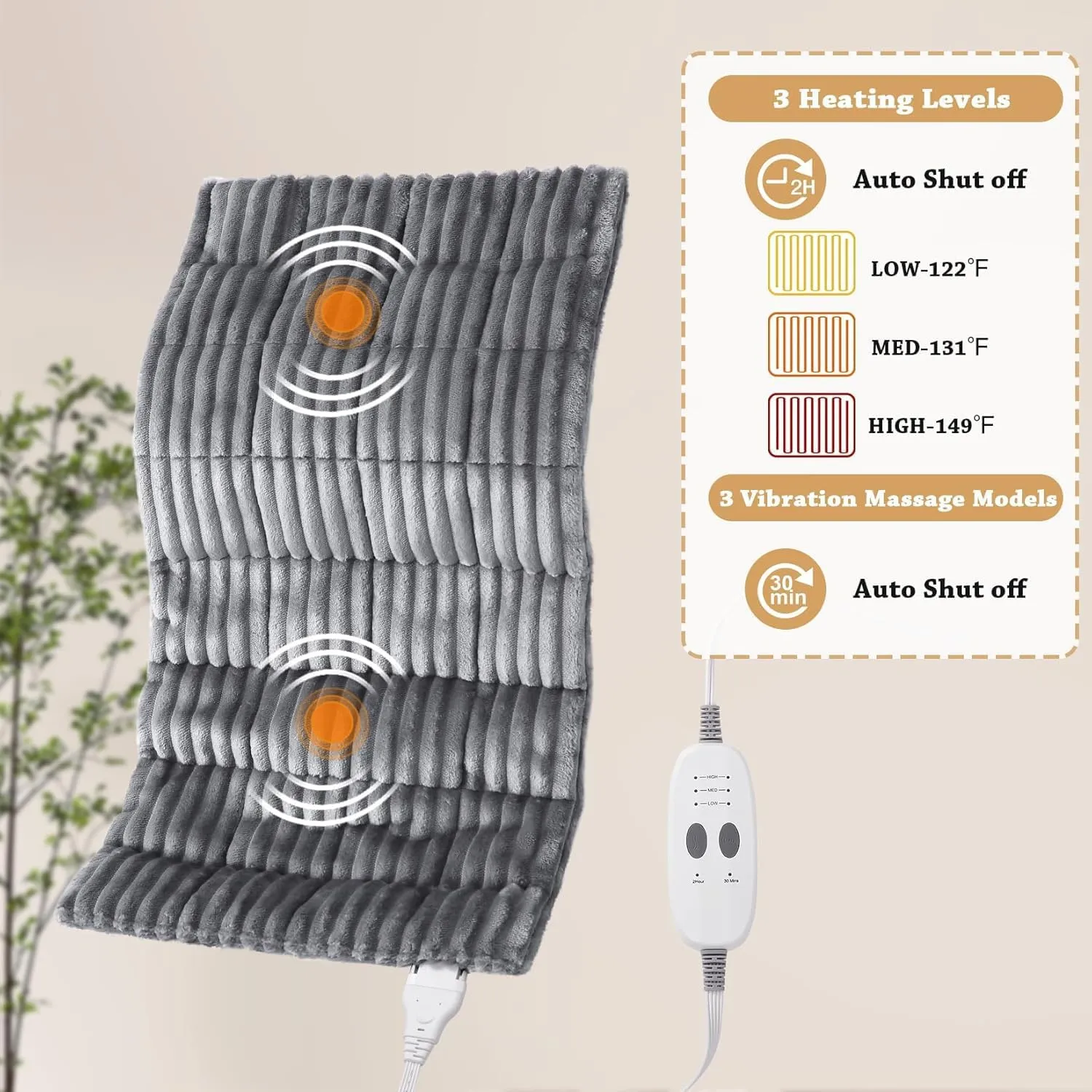 Massaging Weighted Heating Pads for Back Pain Relief and Cramps, 24''*12'' Ribs Fannel Electric Heating Pad with Massage Vibrations, 6 Settings- 3 Heat, 3 Massage- 9 Relaxing Combinations
