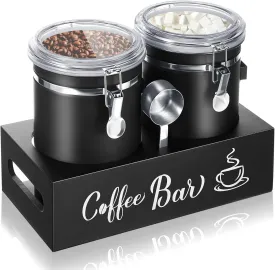 Maxcheck 2 Pcs 66 oz Coffee Canisters with Shelf 304 Stainless Steel Station Container for Ground Coffee Bean Storage with Airtight Locking Clamp and Scoop Kitchen Food Storage Jars(Black)
