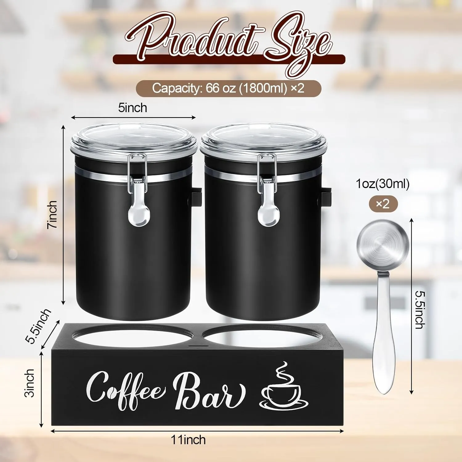Maxcheck 2 Pcs 66 oz Coffee Canisters with Shelf 304 Stainless Steel Station Container for Ground Coffee Bean Storage with Airtight Locking Clamp and Scoop Kitchen Food Storage Jars(Black)