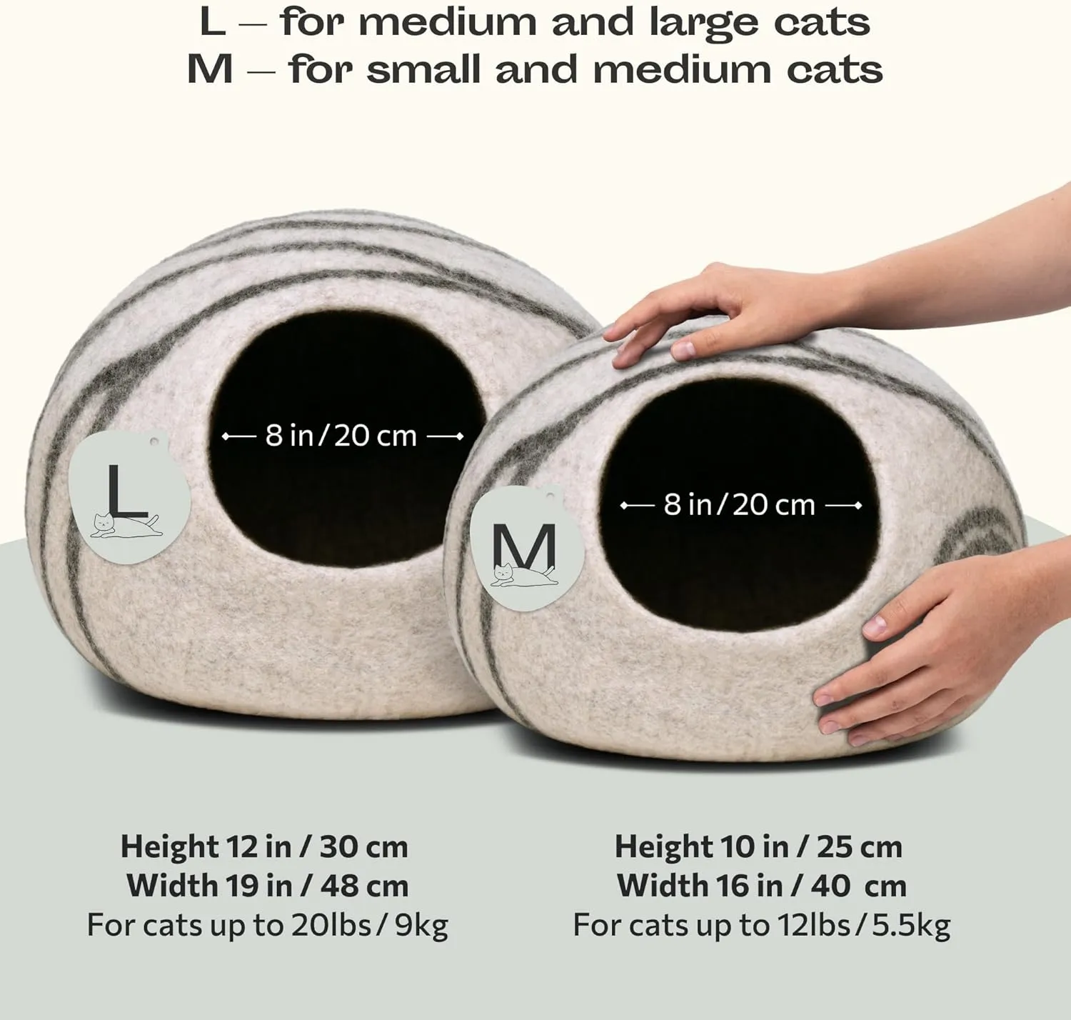 MEOWFIA Cat Cave  Premium Felt Cat Bed for Indoor Cats, Handmade 100% Merino Wool (Light Shades) (Medium, Light Grey)