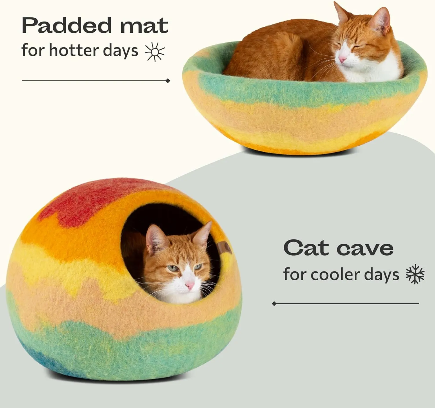 MEOWFIA Cat Cave  Premium Felt Cat Bed for Indoor Cats, Handmade 100% Merino Wool (Vivid Shades) (Medium, Tucson Sunset)