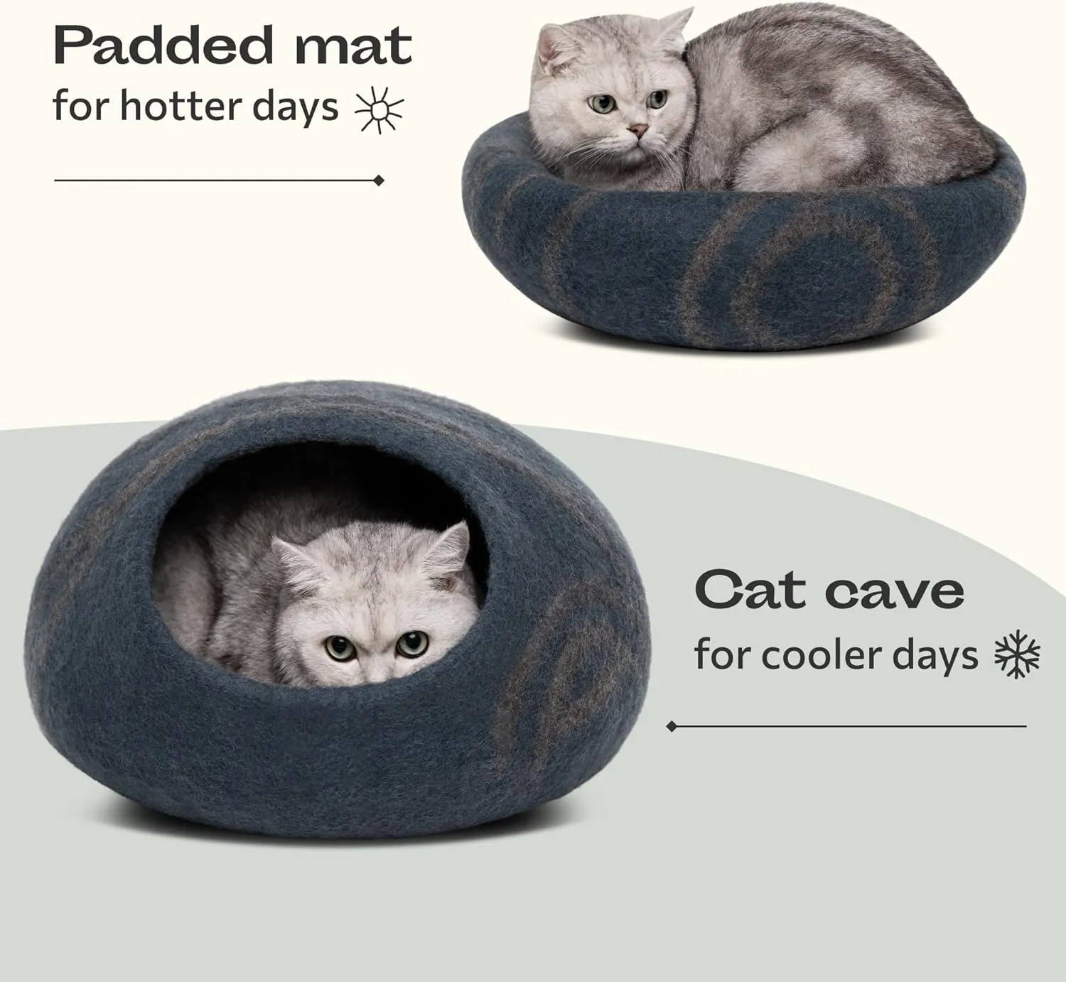 MEOWFIA Premium Felt Cat Bed Cave - Handmade 100% Merino Wool Bed for Cats and Kittens (Dark Shades) (Large, Slate Grey)