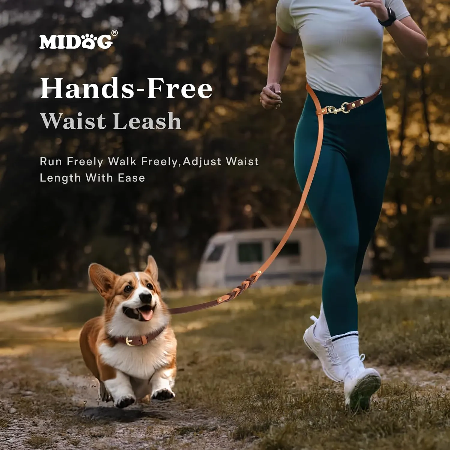 MIDOG Hands Free Dog Leash,Leather Dog Leash for Small Medium Dogs 6Ft, Adjustable Waist, Strong Genuine Braided Leather, Soft & Comfortable for Running, Walking, Training (Brown M)
