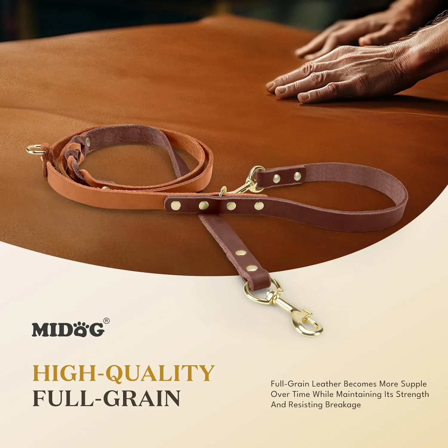 MIDOG Hands Free Dog Leash,Leather Dog Leash for Small Medium Dogs 6Ft, Adjustable Waist, Strong Genuine Braided Leather, Soft & Comfortable for Running, Walking, Training (Brown M)