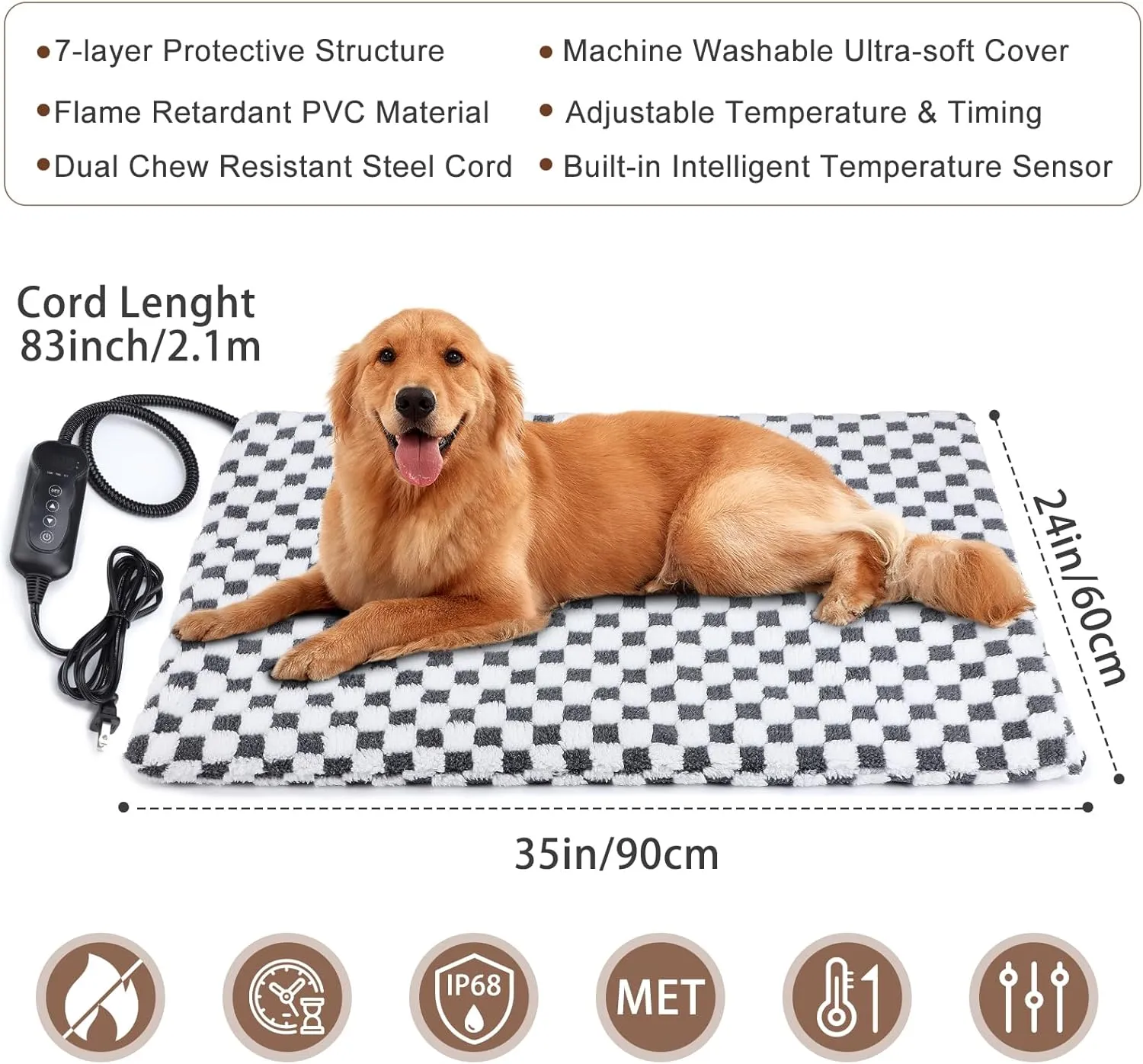 MIXJOY Pet Heating Pad - 11 Adjustable Temperature With Timer for Dogs and Cats, Electric With Washable Cover, Heated Pet Bed - 35''x24'', Large