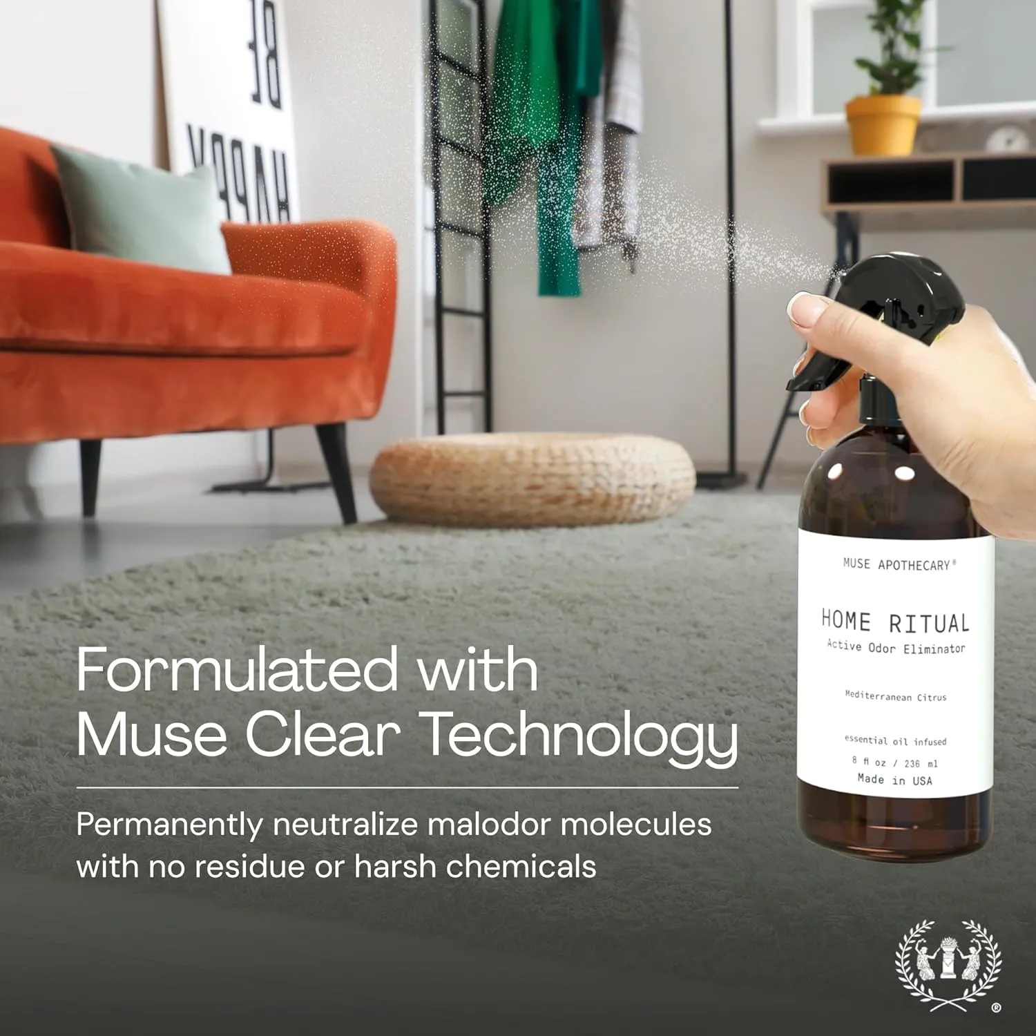 Muse Apothecary Home Ritual Active Odor Eliminator Spray - Furniture Deodorizer Spray & Bathroom Odor Eliminator for Home - Essential Oil Air Freshener - 4oz, Ocean Air