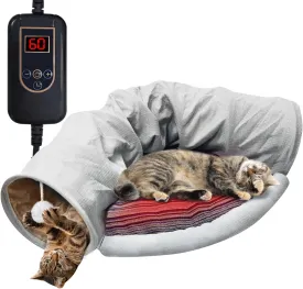 Myplace Heated Cat Tunnel Bed with Heating Pad - with Timer & Temp Adjustable, Removable Waterproof Electric Warming Pad for Indoor Cat - Pet Play Tunnel Toy for Kitten/Puppy/Rabbit
