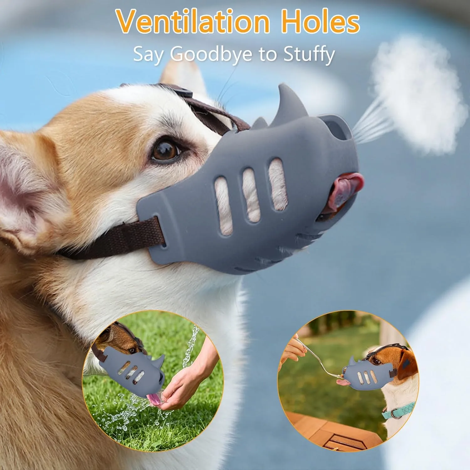 NACOCO Anti Bite Dog Muzzle - Dog Soft Mouth Rhino with Adjustable Strap Covers Breathable Silicone Cage Pet for Biting Chewing Small Medium (Grey Rhino, M)