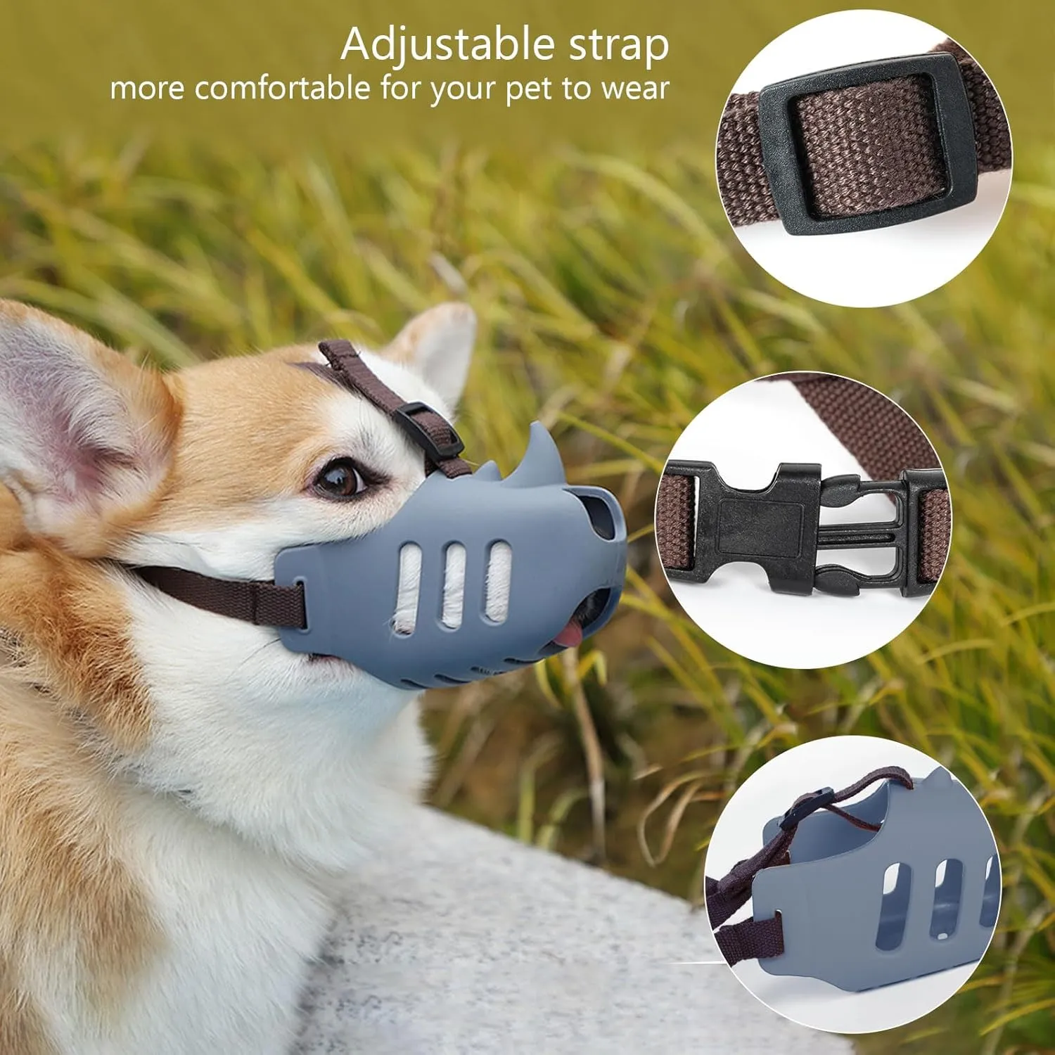 NACOCO Anti Bite Dog Muzzle - Dog Soft Mouth Rhino with Adjustable Strap Covers Breathable Silicone Cage Pet for Biting Chewing Small Medium (Grey Rhino, M)