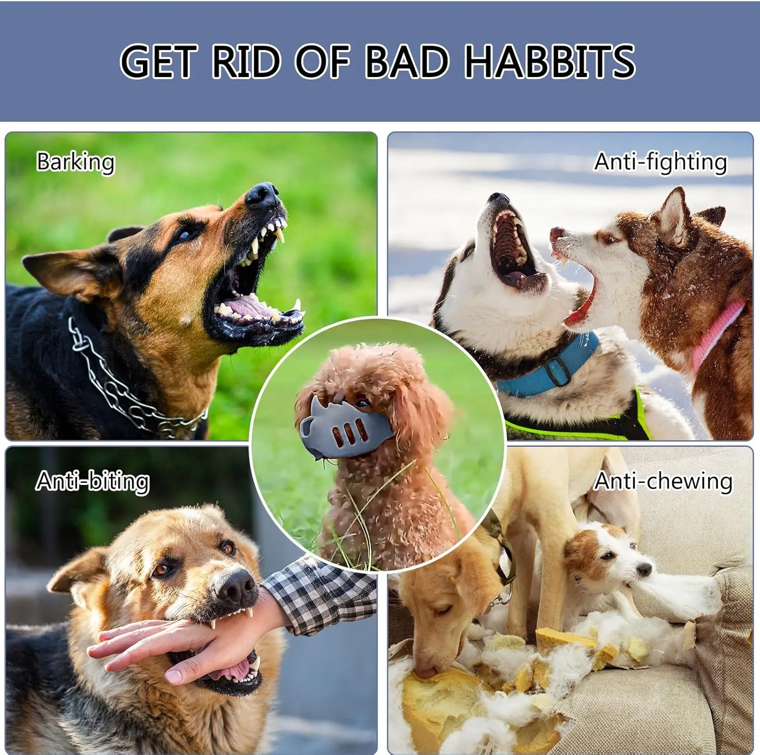 NACOCO Anti Bite Dog Muzzle - Dog Soft Mouth Rhino with Adjustable Strap Covers Breathable Silicone Cage Pet for Biting Chewing Small Medium (Grey Rhino, M)