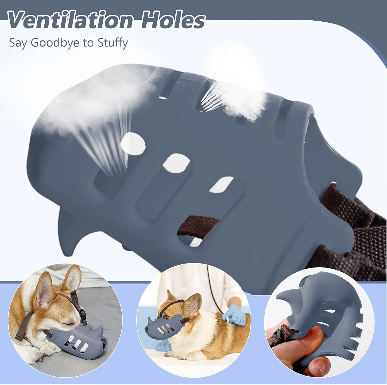 NACOCO Anti Bite Dog Muzzle - Dog Soft Mouth Rhino with Adjustable Strap Covers Breathable Silicone Cage Pet for Biting Chewing Small Medium (Grey Rhino, M)