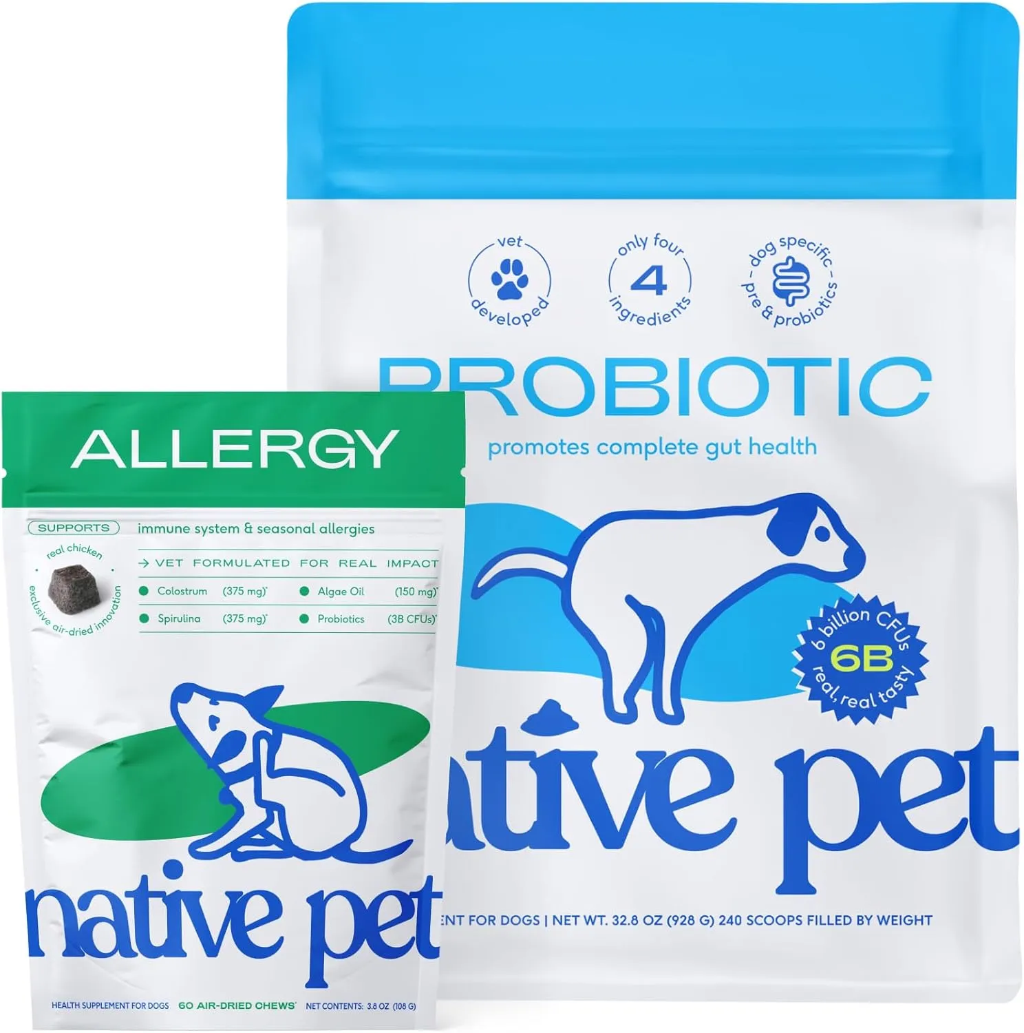 Native Pet Itch Relief Bundle  Probiotic Powder for Dogs (32.8 Oz.) & Allergy Chews (60 Air-Dried Chews) - Pet Probiotics Soothes Itchy Skin & Digestive Health Support