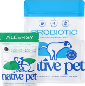 Native Pet Itch Relief Bundle  Probiotic Powder for Dogs (32.8 Oz.) & Allergy Chews (60 Air-Dried Chews) - Pet Probiotics Soothes Itchy Skin & Digestive Health Support