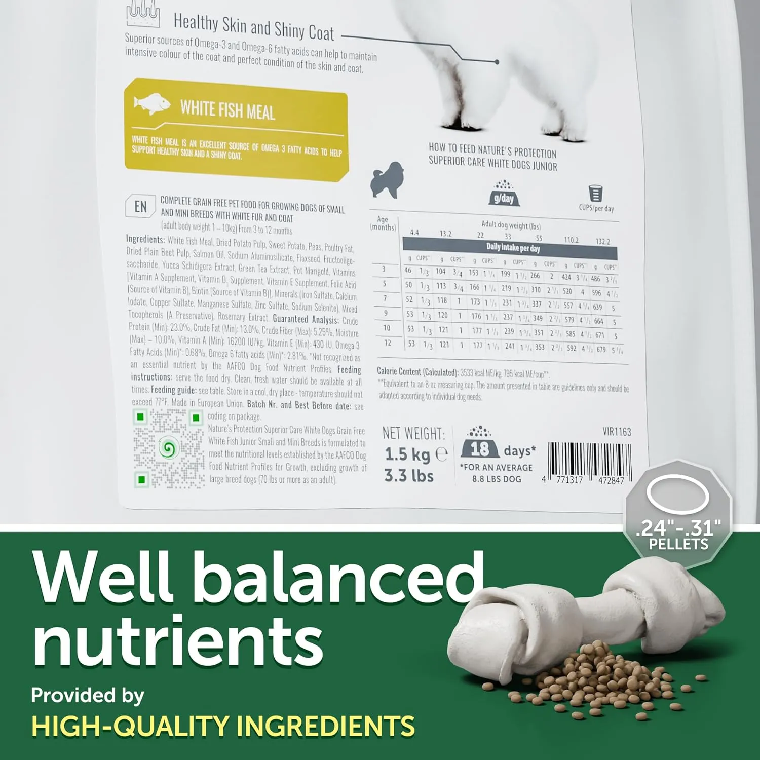 Nature's Protection Superior Care White Dogs Grain-Free Dry Dog Food - High Protein, Tear Stain Dog Food for Small & Mini Breeds Light Coated Junior Dogs, Fresh Pet Meal, White Fish, 3.3 lb