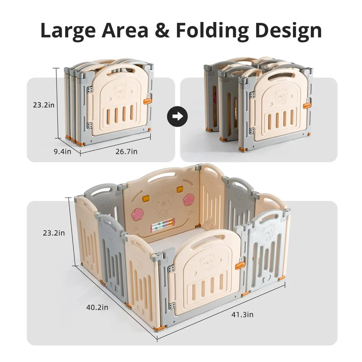 New Foldable Baby Playpen, UANLAUO Baby Fence with Gate NO Gaps Play Yards, Indoor & Outdoor Safety Play Pen Area Baby Enclosure, Playpens (Grey   Cream, 10 Panel), (PPF-015B-2)