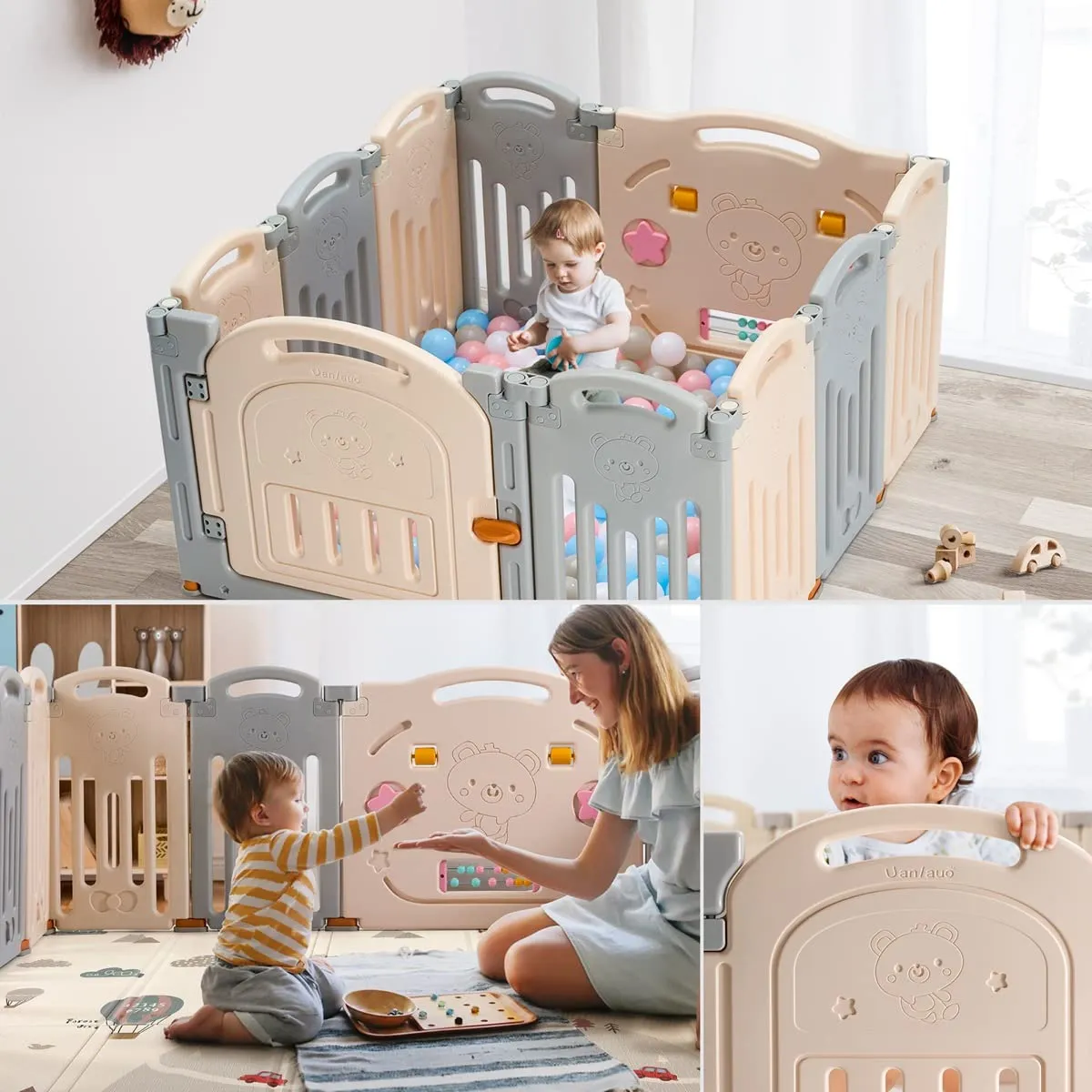 New Foldable Baby Playpen, UANLAUO Baby Fence with Gate NO Gaps Play Yards, Indoor & Outdoor Safety Play Pen Area Baby Enclosure, Playpens (Grey   Cream, 10 Panel), (PPF-015B-2)