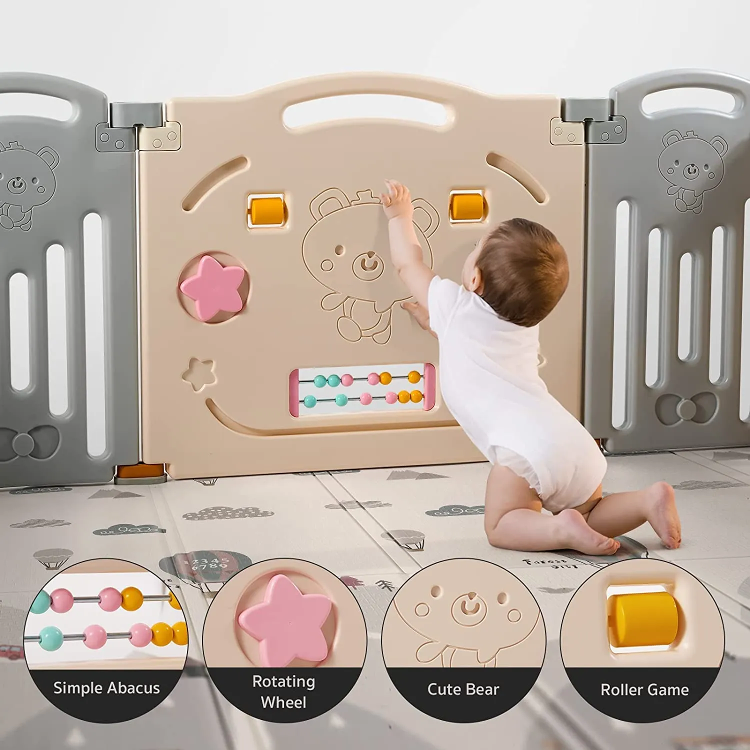 New Foldable Baby Playpen, UANLAUO Baby Fence with Gate NO Gaps Play Yards, Indoor & Outdoor Safety Play Pen Area Baby Enclosure, Playpens (Grey   Cream, 10 Panel), (PPF-015B-2)