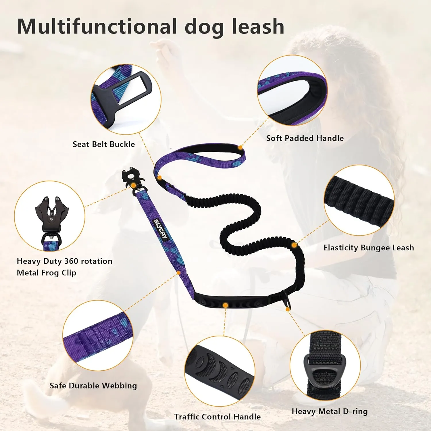 No Pull Tactical Dog Leashes for Medium Large Dogs Heavy Duty with Aluminum Frog ClipBungee Dog Leash with Soft Paded HandlePurple Camo 4-6FT Long&Strong Dog Leash with Car Seat Belt