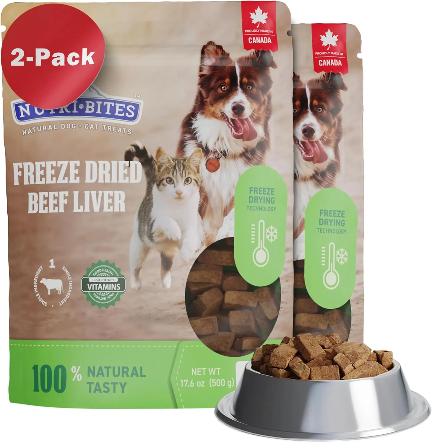 Nutri Bites Freeze Dried Beef Liver Dog Food 2-Pack: 28 oz Total Weight - Single Ingredient: Beef Liver - Protein & Grain-Free Supplement - Use as Kibble Topper or Dog Treats for Dogs - Made in Canada