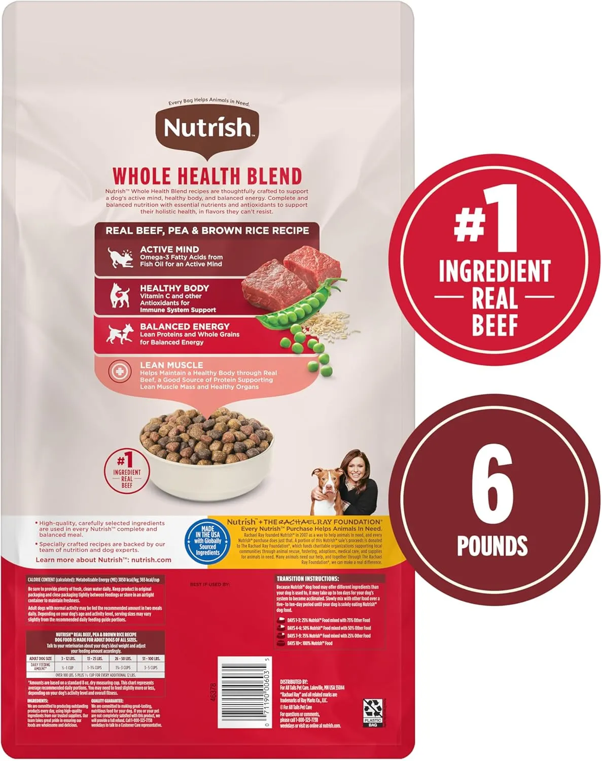 Nutrish Real Beef, Pea & Brown Rice Recipe Whole Health Blend Dry Dog Food, 6 lb. Bag, Packaging May Vary (Rachael Ray)