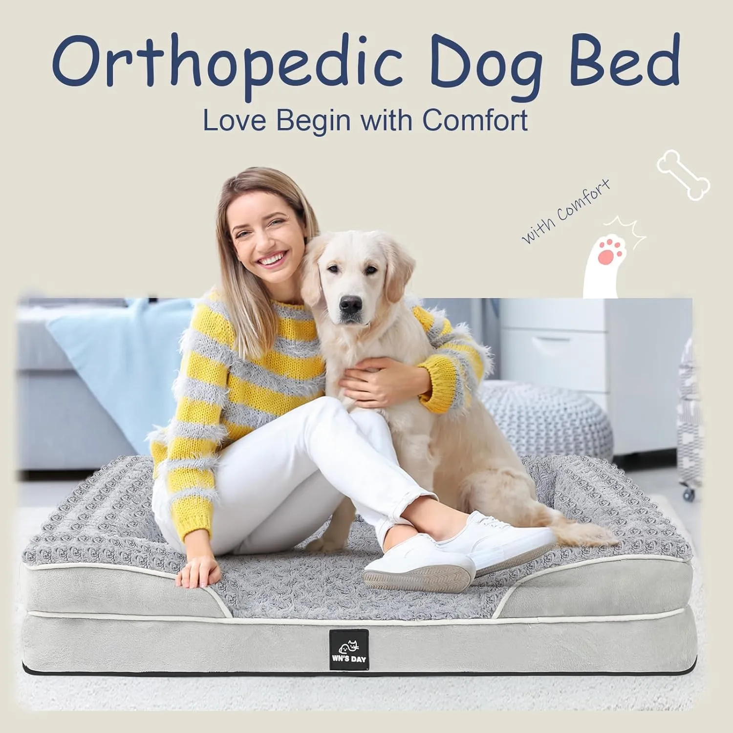 Orthopedic Dog Bed for Large Medium Sized, Washable Memory Foam Large Dog Bed, Medium Pet Sofa with Removable Cover, Washable Waterproof Pet Couch Beds(Grey, L)