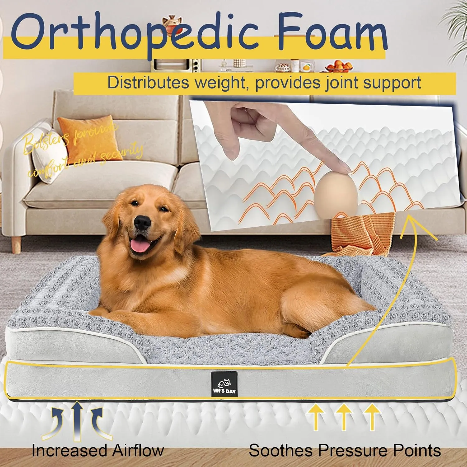 Orthopedic Dog Bed for Large Medium Sized, Washable Memory Foam Large Dog Bed, Medium Pet Sofa with Removable Cover, Washable Waterproof Pet Couch Beds(Grey, L)
