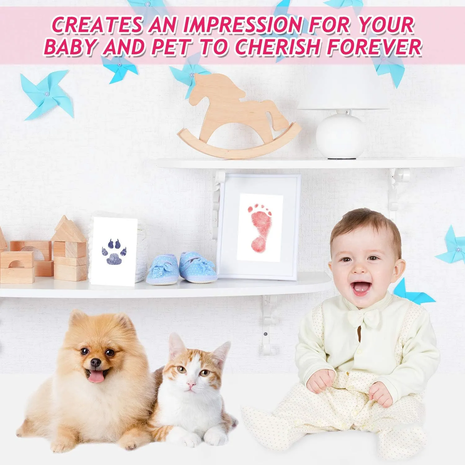 Outus Newborn Handprint and Footprint Paw Print Kit 4 Clean Touch Ink Pads 10 Imprint Cards Pet Inkless Hand and Feet Stamp for Dogs(3 x 5 Inch,Black, Red, Green, Blue)