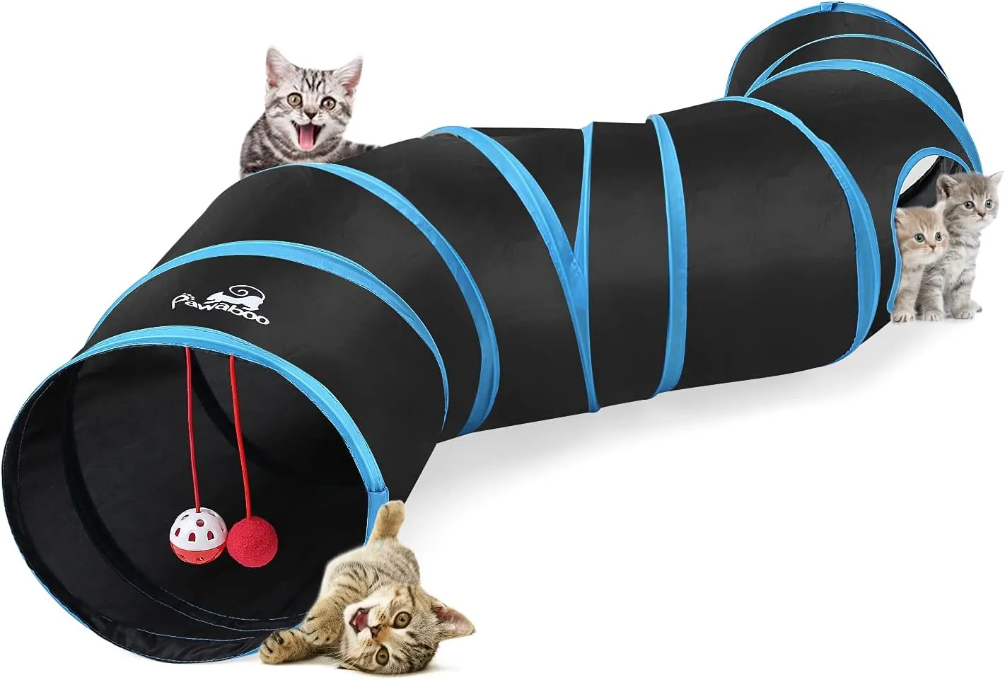 Pawaboo Cat Toys - S-Shaped Tunnels 25x97cm, Extensible Cat Play Tent with Balls and Bells, Interactive Maze House for Kittens and Small Animals, Blue