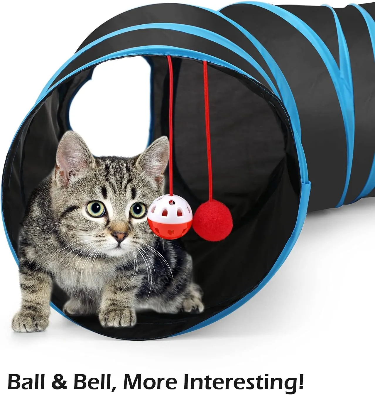 Pawaboo Cat Toys - S-Shaped Tunnels 25x97cm, Extensible Cat Play Tent with Balls and Bells, Interactive Maze House for Kittens and Small Animals, Blue