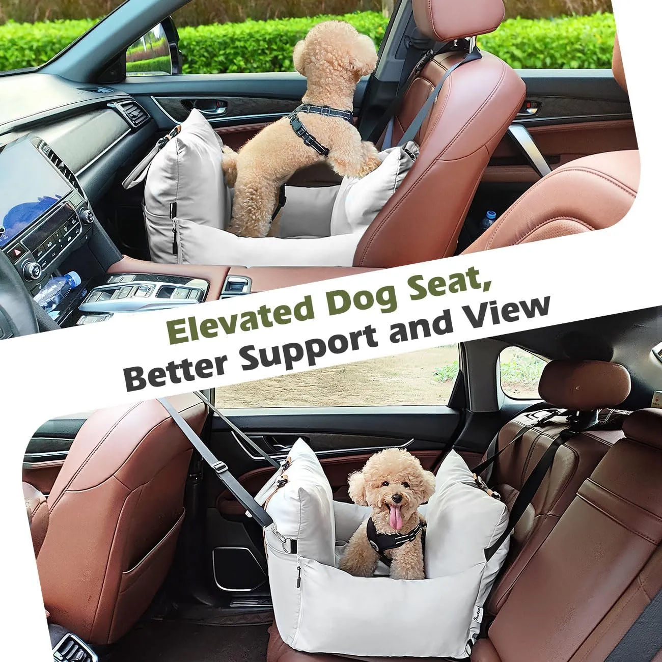 Pawaboo Dog Car Seat for Small Dog, Soft Dog Booster Car Seat under 25lbs, Portable Puppy Bed Car Seat with Storage Pocket, Fixed Buckles and Safety Leash, Pet Carseat Puppy Travel Carrier Bed (Beige)