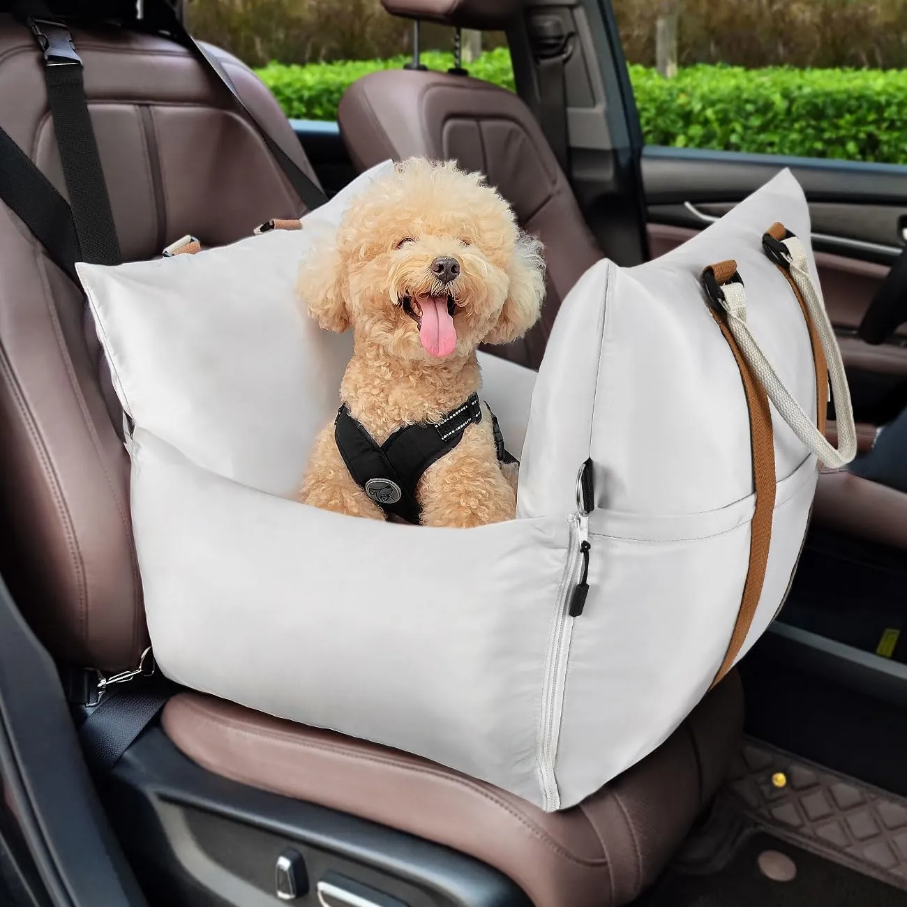 Pawaboo Dog Car Seat for Small Dog, Soft Dog Booster Car Seat under 25lbs, Portable Puppy Bed Car Seat with Storage Pocket, Fixed Buckles and Safety Leash, Pet Carseat Puppy Travel Carrier Bed (Beige)
