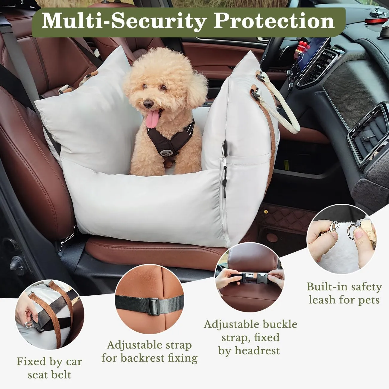 Pawaboo Dog Car Seat for Small Dog, Soft Dog Booster Car Seat under 25lbs, Portable Puppy Bed Car Seat with Storage Pocket, Fixed Buckles and Safety Leash, Pet Carseat Puppy Travel Carrier Bed (Beige)