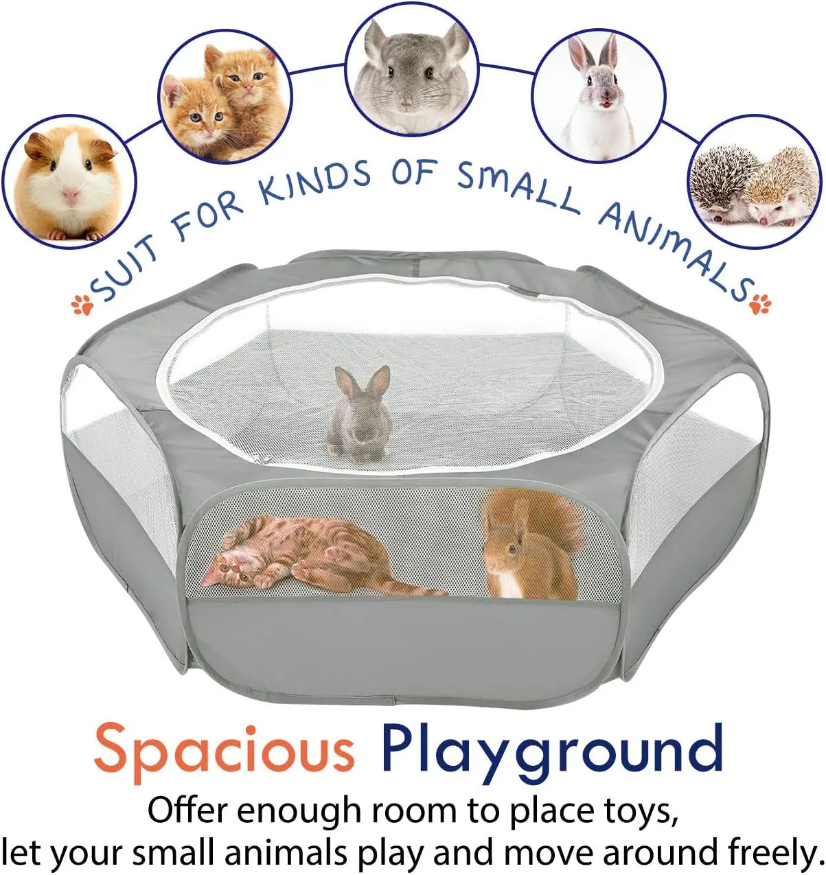 Pawaboo Small Animals Playpen, Waterproof Small Pet Cage Tent with Zippered Cover, Portable Outdoor Yard Fence with 3 Metal Rod for Chick/Kitten/Puppy/Guinea Pig/Rabbits/Hamster/Chinchillas,Light Gray