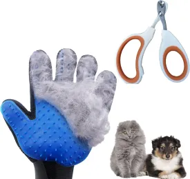 Pet Grooming Gloves, Cat Gloves for Grooming, Rubber Dog Brush(Left Hand and Nail Clippers)