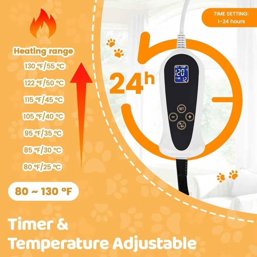 Pet Heating Pad for Cats Dogs with Timer Temperature Adjustable, Electric Heating Mat Indoor, Adjustable Warming Mat, Waterproof Heated Bed with Chew Resistant Steel CordPet Heated Mat