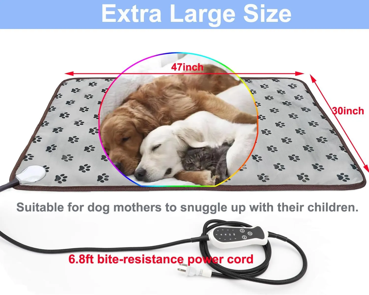 Pet Heating Pad Keep Dogs Cats Warming Extra Large Smart Timer Precise Temperature Control Waterproof Durable Material Easy Cleaning