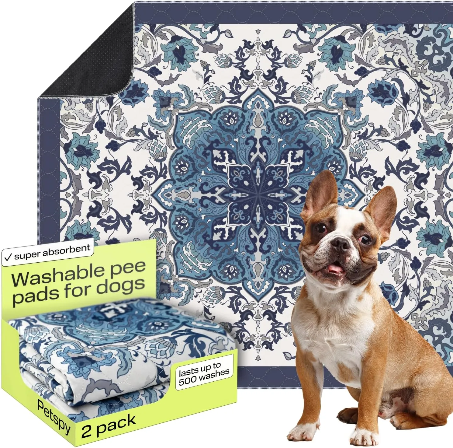 PetSpy Washable Pee Pads for Dogs - Waterproof Reusable Puppy Pads No-Slip Surface - Stylish Dog Potty Training Pads Protect Against Leakage (Ornament, 2 Pack - 36" x 41")