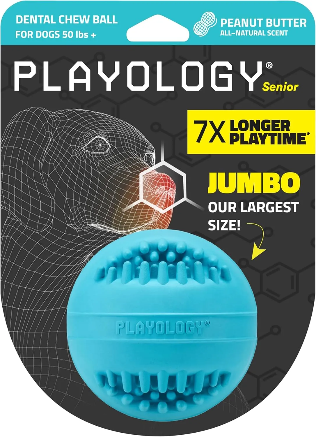 Playology Silver Dental Chew Ball for Large to X-Large Senior Dogs 50lbs & Up | Engaging All-Natural Peanut Butter Scented Dog Chew Toy | Non-Toxic Materials for Older Teeth