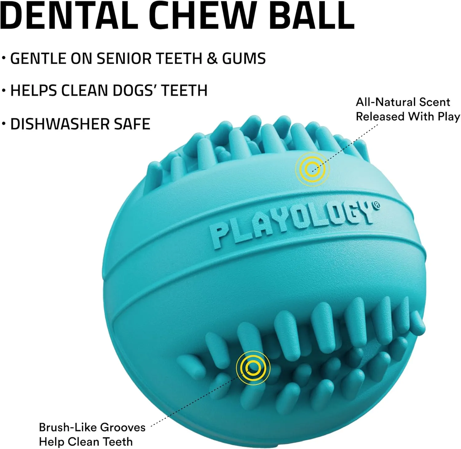 Playology Silver Dental Chew Ball for Large to X-Large Senior Dogs 50lbs & Up | Engaging All-Natural Peanut Butter Scented Dog Chew Toy | Non-Toxic Materials for Older Teeth